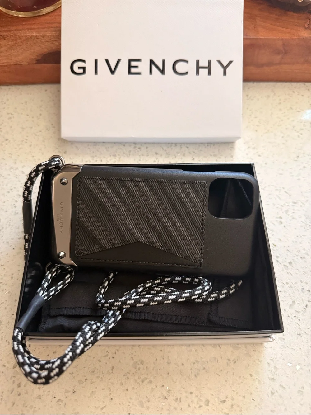 NWT Givenchy Black Leather Card Pocket Phone Case with Black-White Lanyard